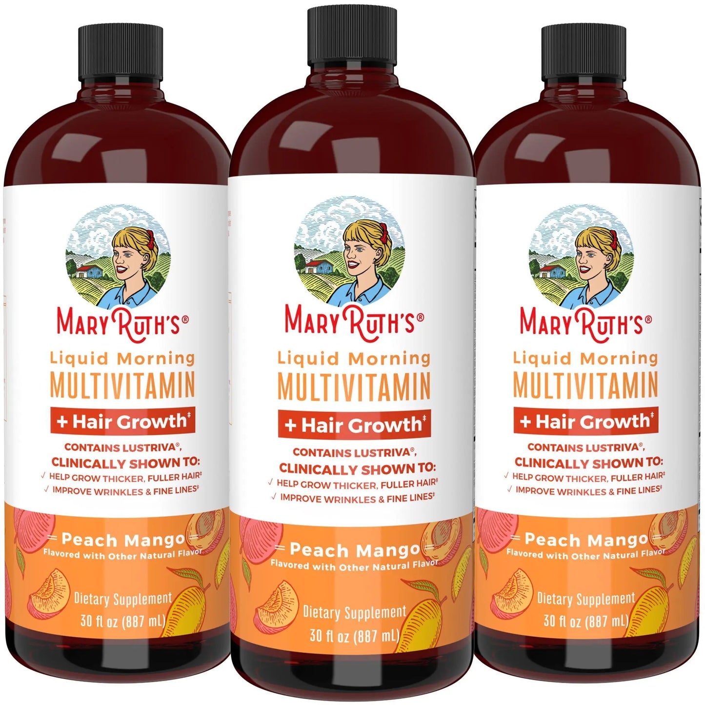Maryruth'S Liquid Multivitamin + Hair Growth - Clinically Tested Lustriva for Thicker Hair in Women - Improve Facial Wrinkles - Vegan - 3-Pack, 30 Oz