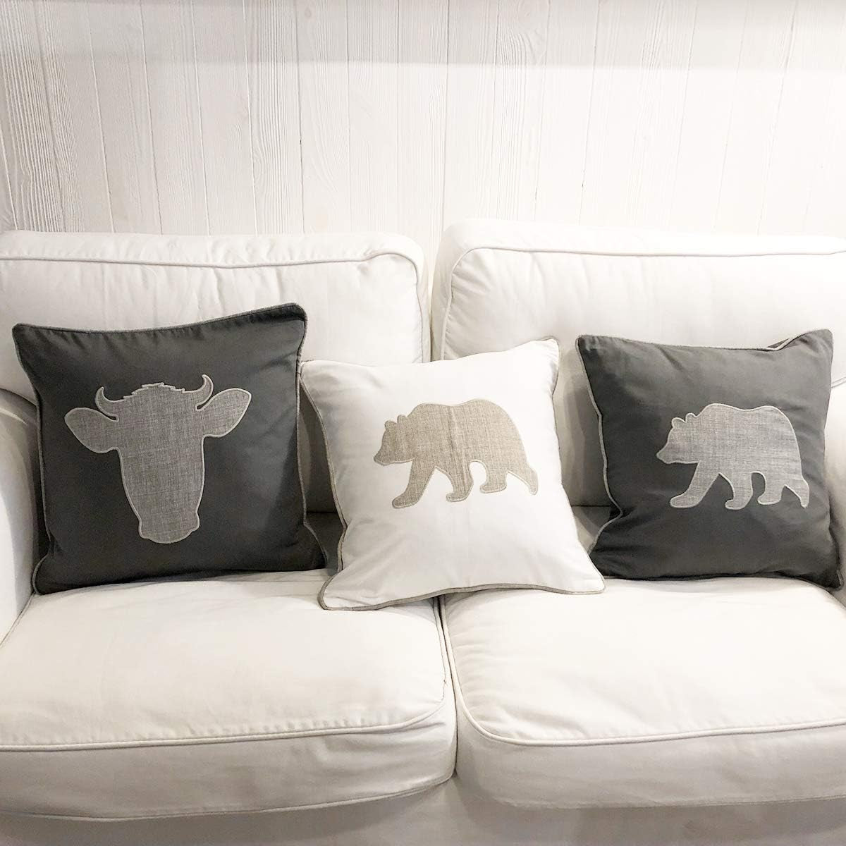 Bear Pillow Covers Decorative Cotton Linen Embroidered Cushions Covers 18X18 Inches (Grey)