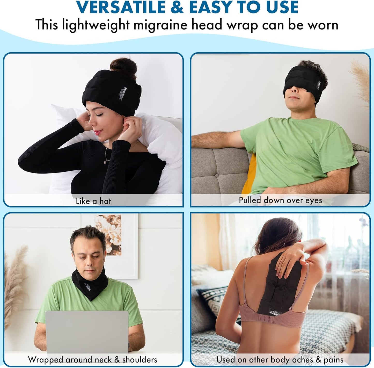 Halo - Migraine Relief Cap Long Lasting Cooling Ice Pack Mask - Cold Compress Head Wrap for Tension, Stress & Hangover Natural Cooling Therapy