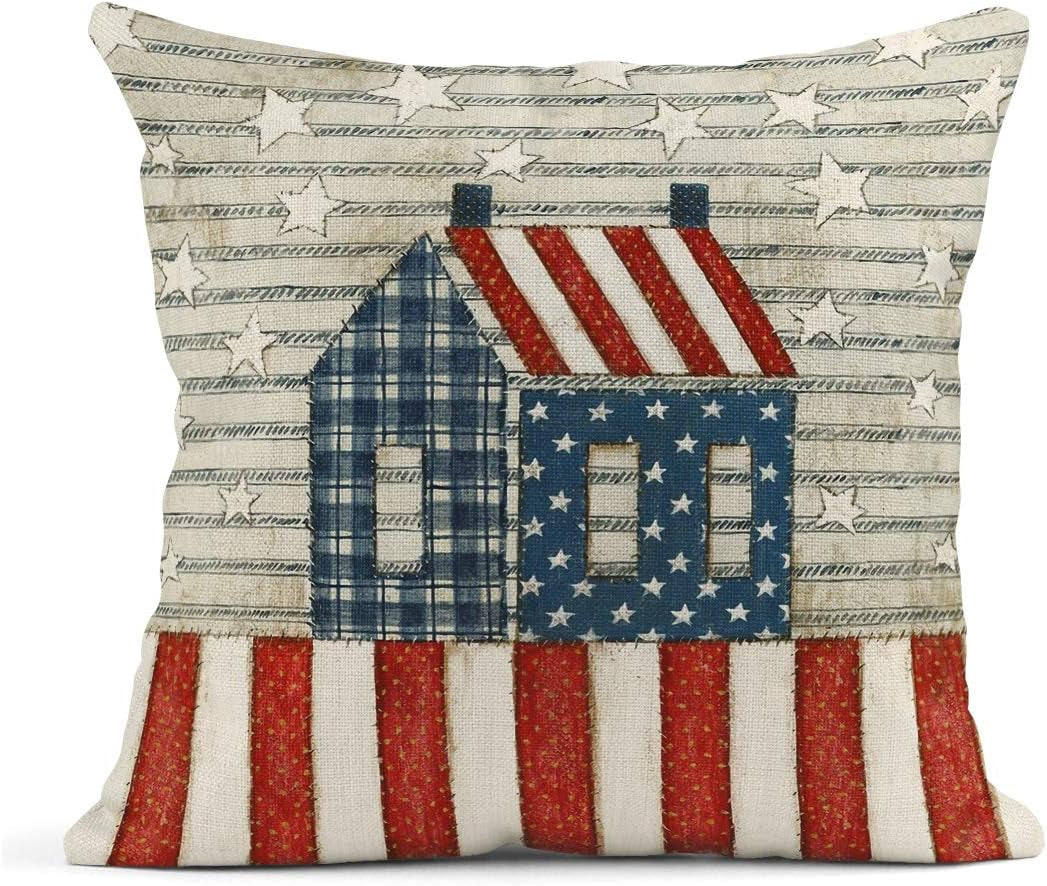 Set of 4 Linen Throw Pillow Covers Day 4Th of July Independence Decorative Pillow Cases Home Decor Square 18X18 Inches Pillowcases