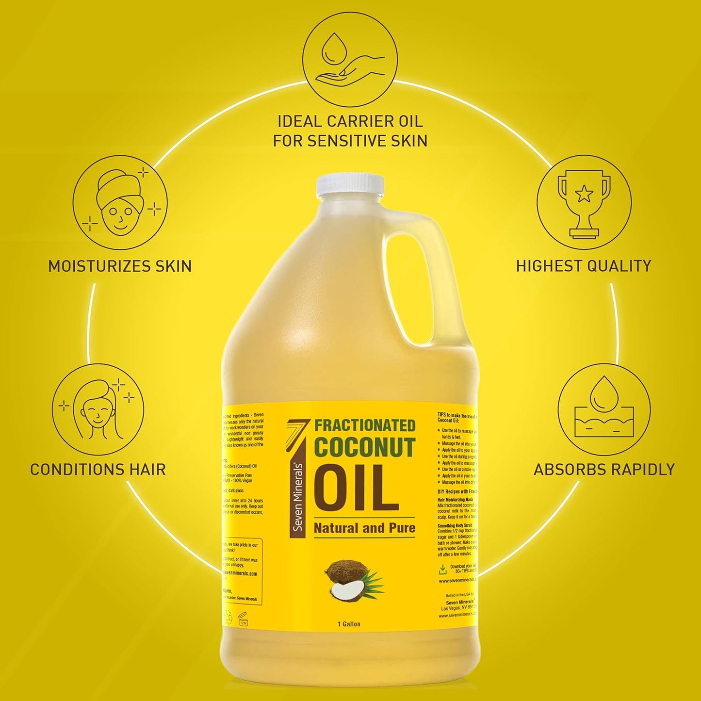 Pure Fractionated Coconut Oil - 1 Gallon - Non-Gmo, 100% Natural, Lightweight Massage Oil for Therapy on Skin, Hair, More - Perfect Bulk Carrier Oil for Essential Oils (128 Fl Oz)