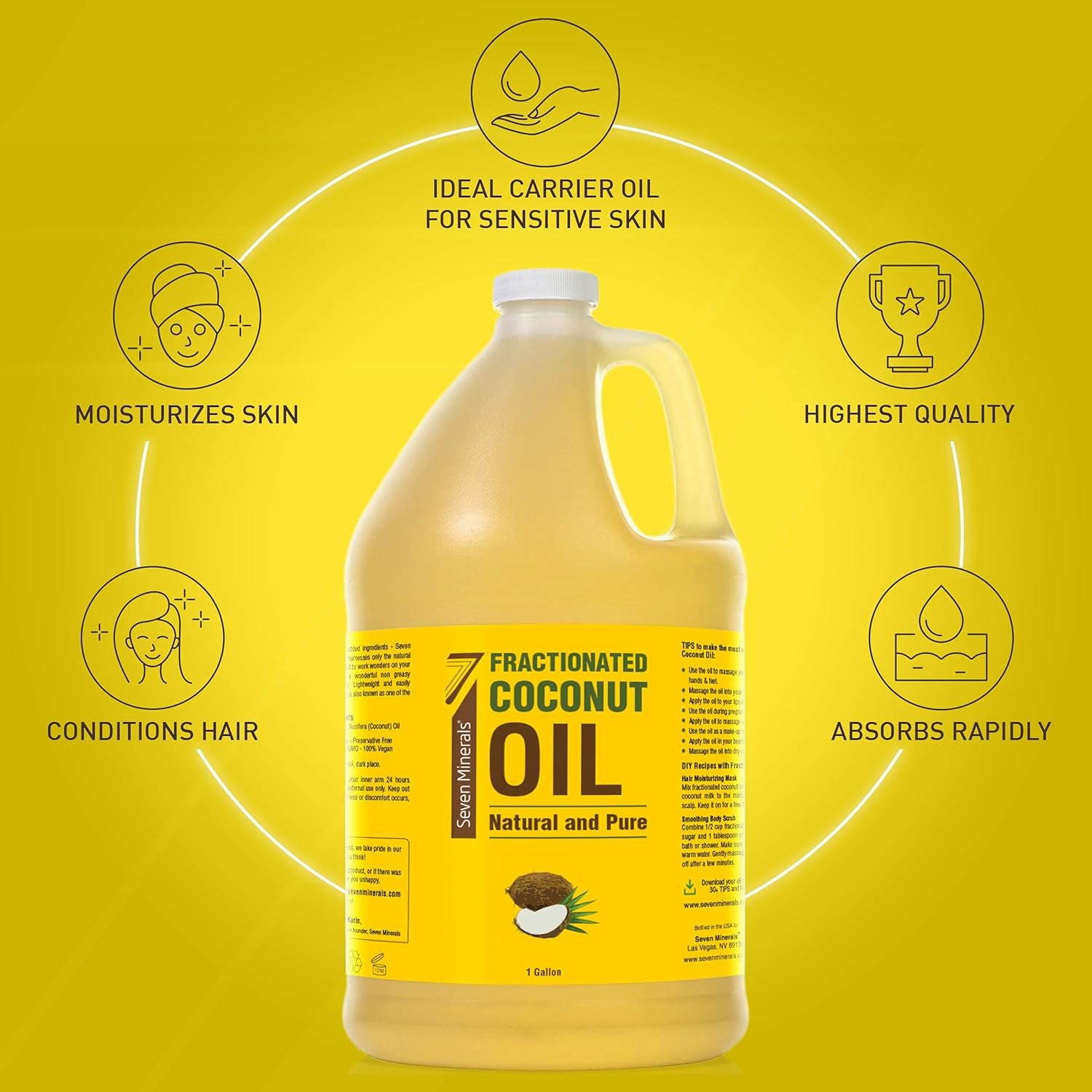 Pure Fractionated Coconut Oil - 1 Gallon - Non-Gmo, 100% Natural, Lightweight Massage Oil for Therapy on Skin, Hair, More - Perfect Bulk Carrier Oil for Essential Oils (128 Fl Oz)