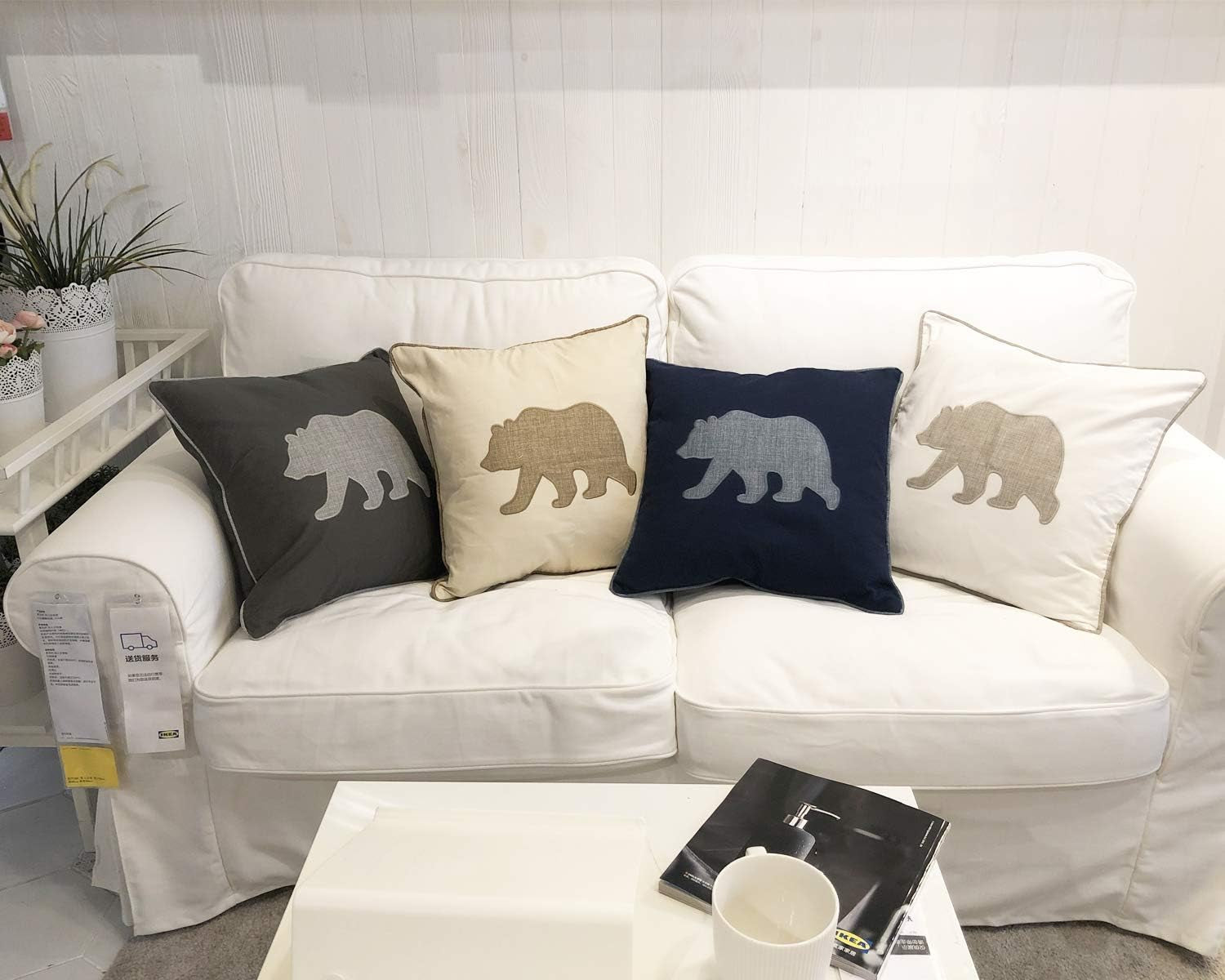 Bear Pillow Covers Decorative Cotton Linen Embroidered Cushions Covers 18X18 Inches (Grey)