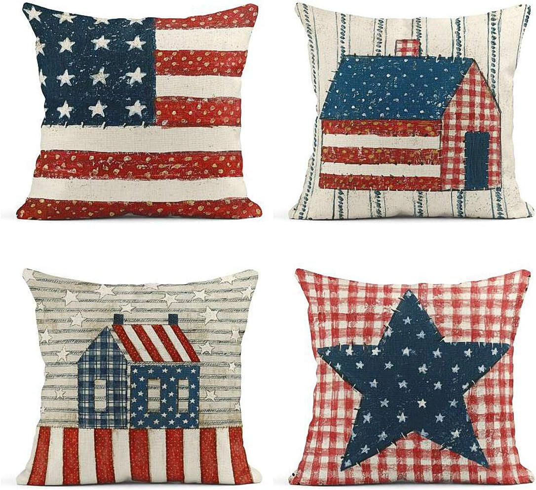 Set of 4 Linen Throw Pillow Covers Day 4Th of July Independence Decorative Pillow Cases Home Decor Square 18X18 Inches Pillowcases