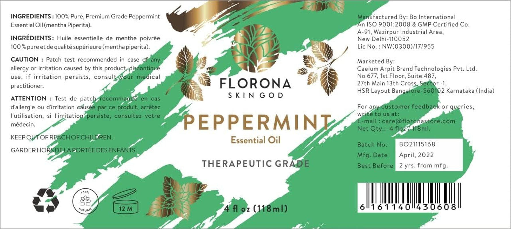 Peppermint Essential Oil 100% Pure & Natural - 4 Fl Oz, Hair & Skin Care, Diffuser Aromatherapy, Soap Making, Candle Making