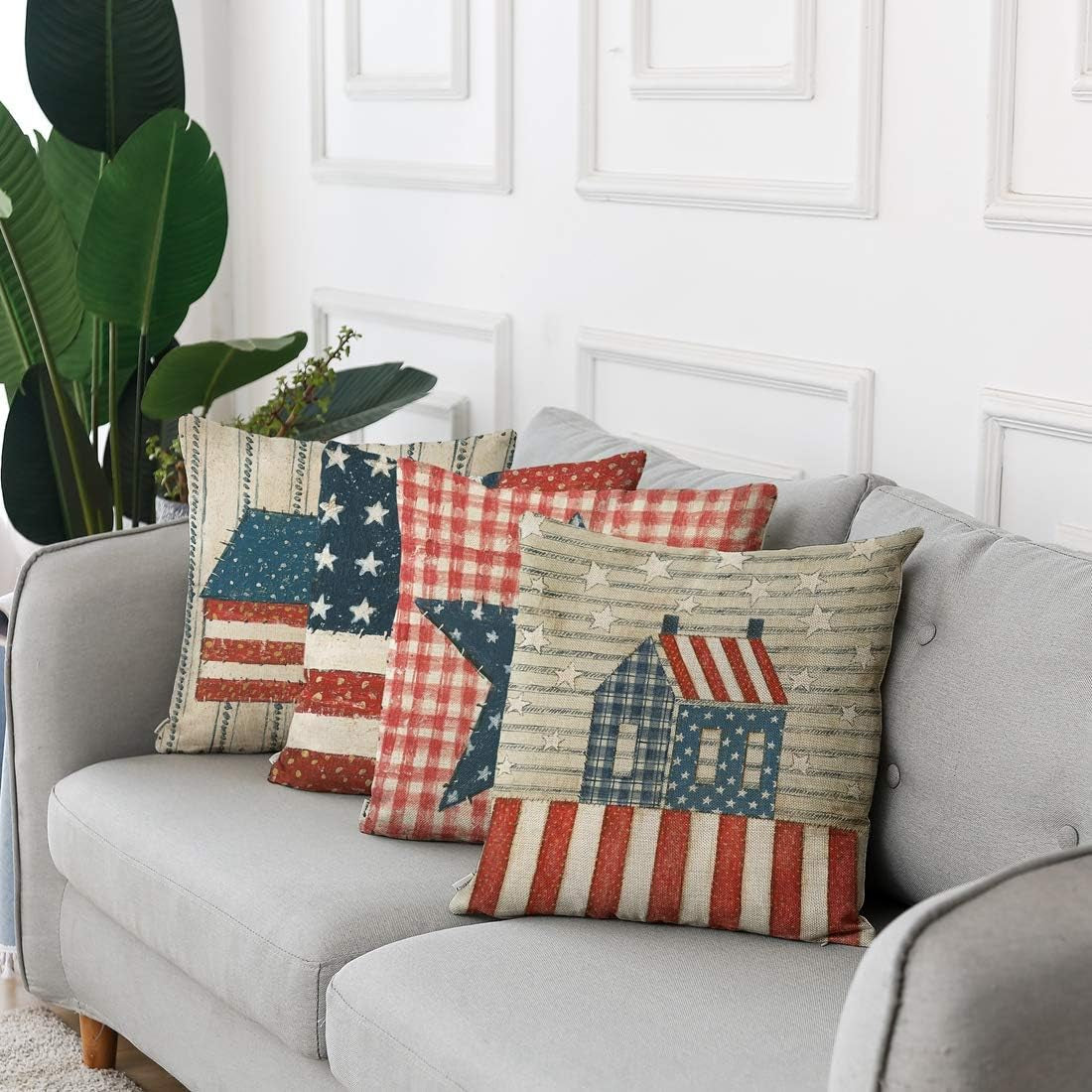 Set of 4 Linen Throw Pillow Covers Day 4Th of July Independence Decorative Pillow Cases Home Decor Square 18X18 Inches Pillowcases