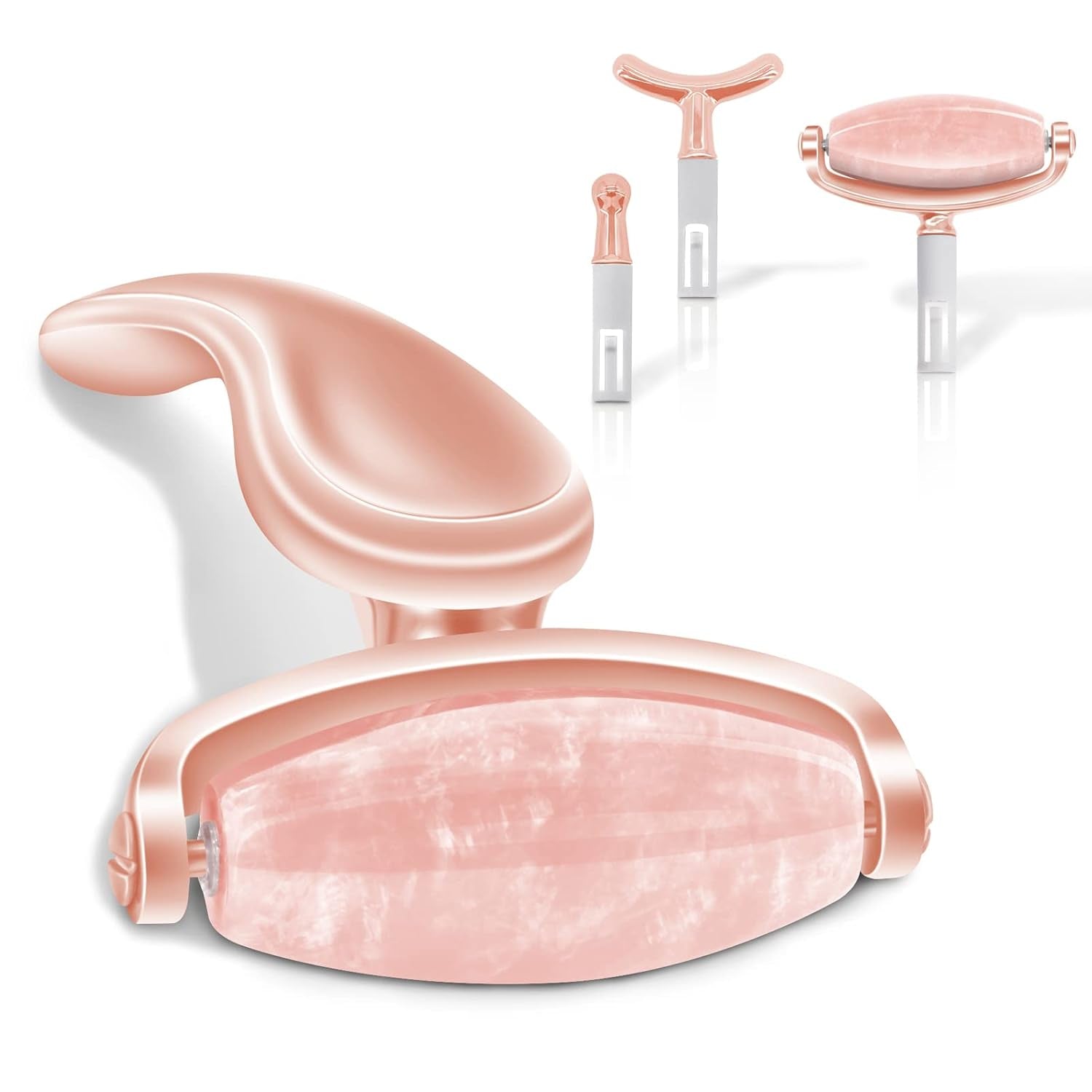 Jade Facial Roller, Jade Face Roller Massager with 3 Interchangeable Heads for Women Routine Skin Care, Reduce Puffiness Wrinkling Rejuvenate Skin (Pink Roller + Rose Gold)