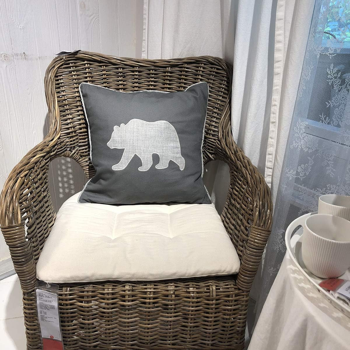 Bear Pillow Covers Decorative Cotton Linen Embroidered Cushions Covers 18X18 Inches (Grey)