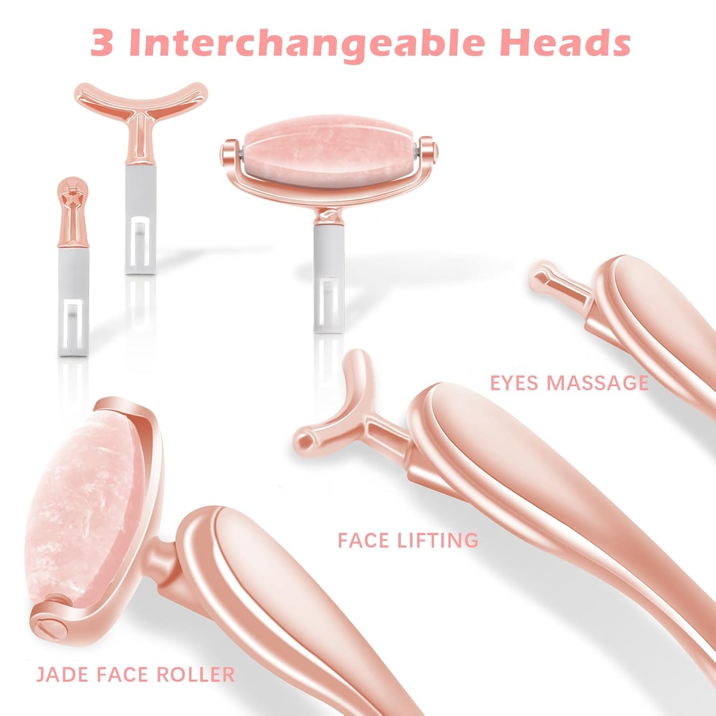 Jade Facial Roller, Jade Face Roller Massager with 3 Interchangeable Heads for Women Routine Skin Care, Reduce Puffiness Wrinkling Rejuvenate Skin (Pink Roller + Rose Gold)