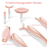 Jade Facial Roller, Jade Face Roller Massager with 3 Interchangeable Heads for Women Routine Skin Care, Reduce Puffiness Wrinkling Rejuvenate Skin (Pink Roller + Rose Gold)