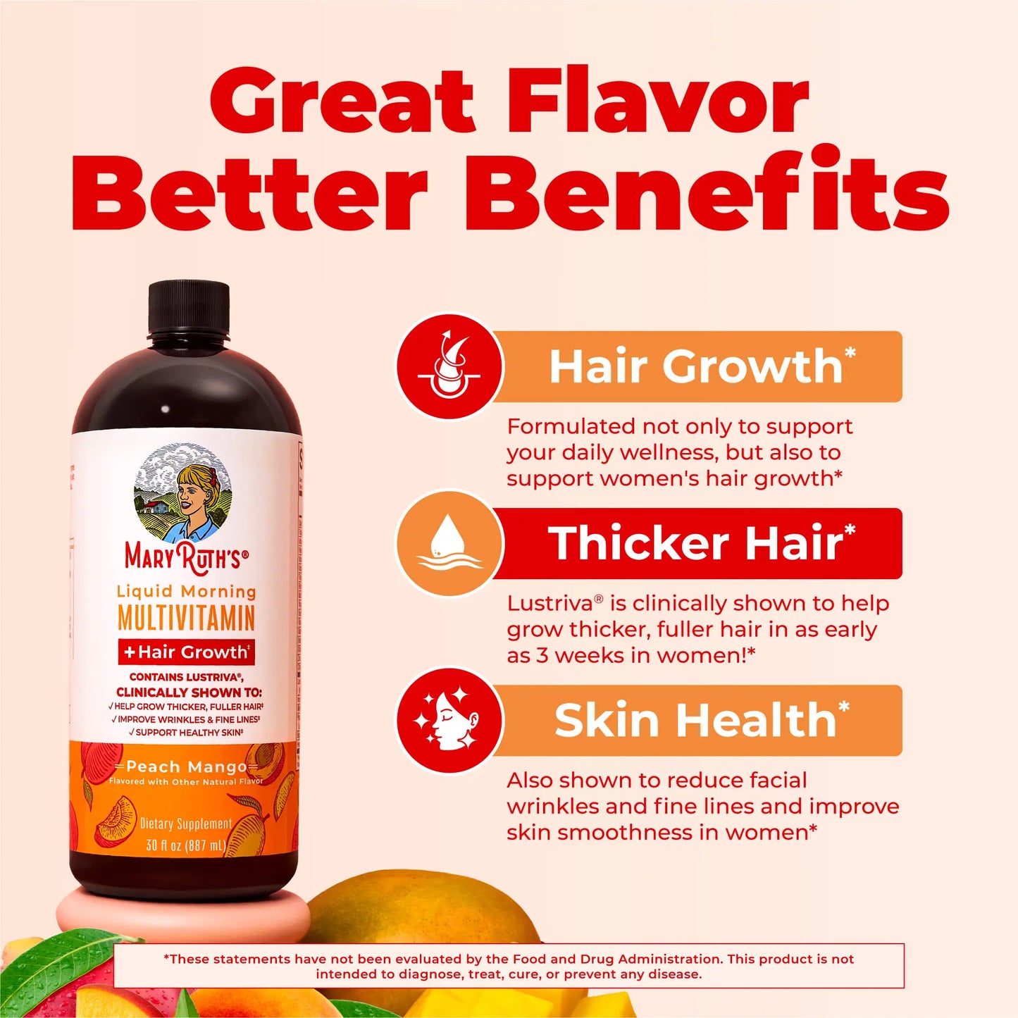 Maryruth'S Liquid Multivitamin + Hair Growth - Clinically Tested Lustriva for Thicker Hair in Women - Improve Facial Wrinkles - Vegan - 3-Pack, 30 Oz